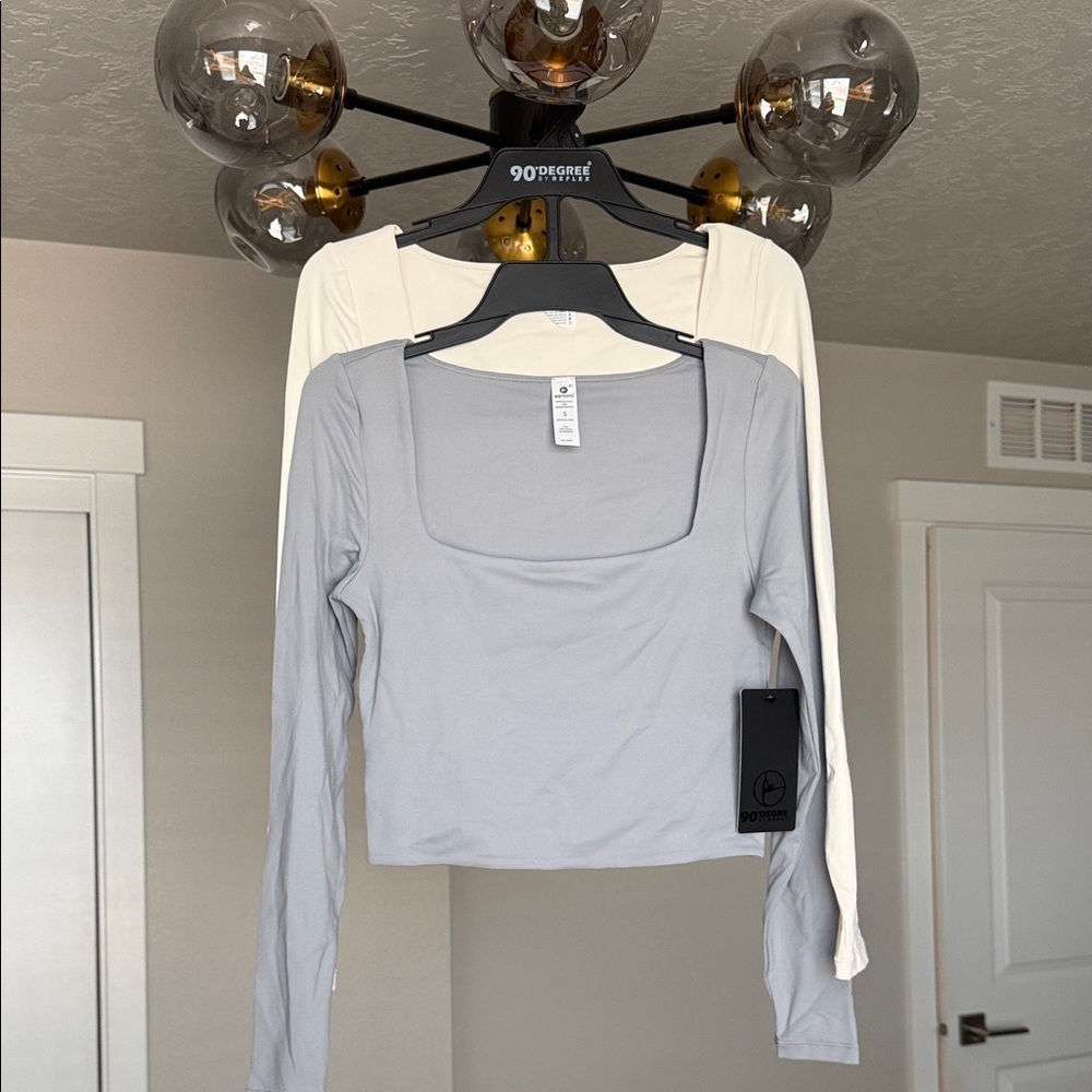 90 Degree By Reflex Long Sleeve Square Neck Top - Light Gray and Cream -2pcs